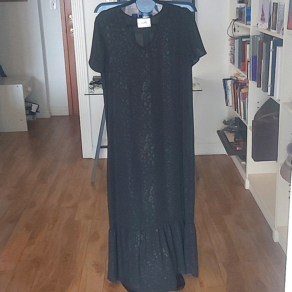Just full-length maxi dress with patterned gold mesh inside that shows through.